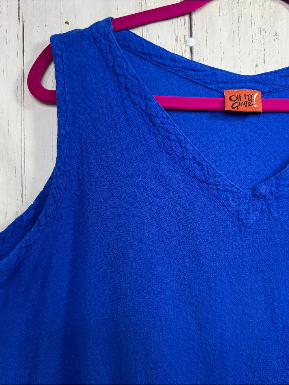 Oh My Gauze Blue 100% Cotton Asymmetrical Tank Top Size L Lagenlook Boho Coastal - Picture 2 of 11